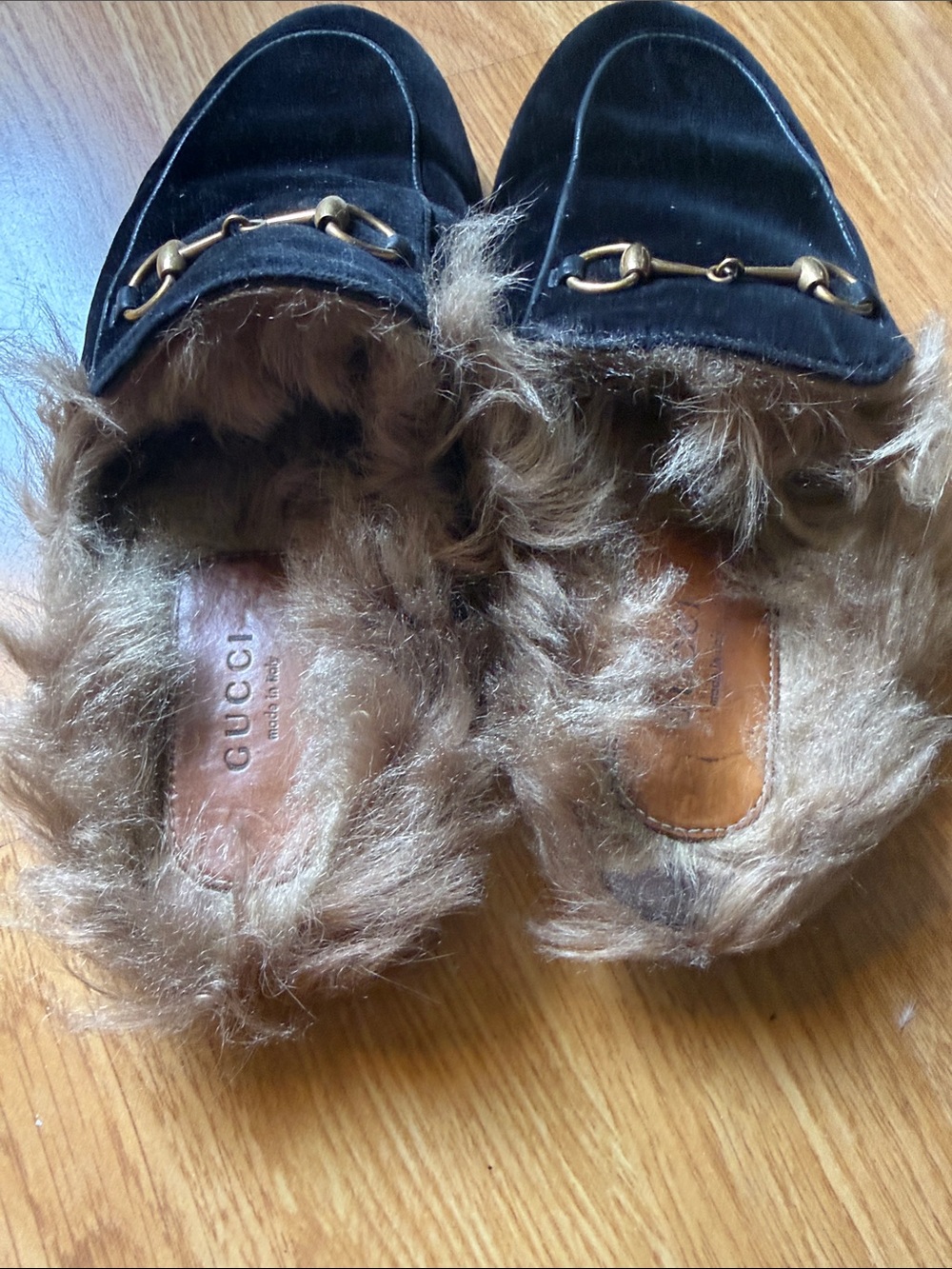 Gucci Black Suede Fur-Lined Horsebit Mules - Picture 1 of 8